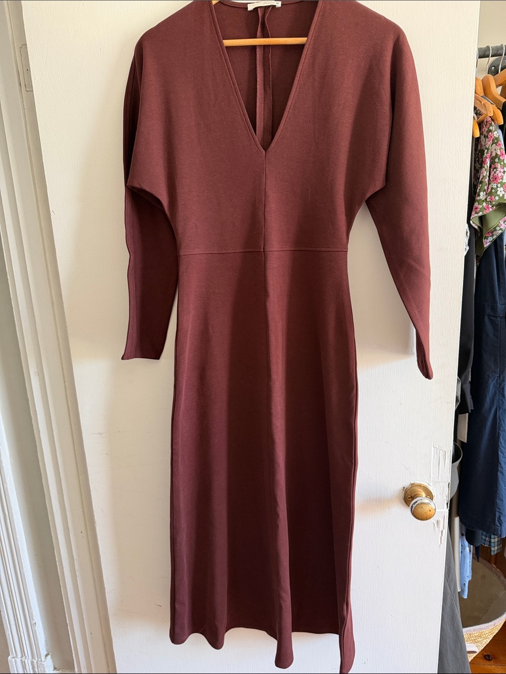 Zara Burgundy Long Sleeve V-Neck Midi Dress